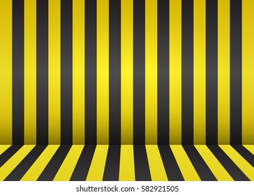 Bright striped scene. Empty room with wall and floor interior. Yellow and black background for a festive design. Vector illustration. Abstract creative wallpaper.