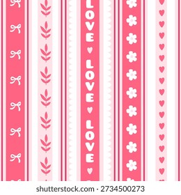 Padrão listrado brilhante sem costura na cor rosa com a palavra - amor, flores, folhas, arcos e corações. Design de Dia dos Namorados para tecido, papel de parede, papel nas cores rosa e vermelho. Ilustração vetorial.
