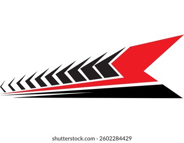 Bright striped sports pattern. Abstract arrow. Red and black design element on a white background. Racing application on the body of a car, boat, toy, sportswear. Vector background. Speed