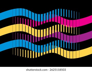 Bright striped waves on a black background. Abstract pattern of colored ribbons. Vector background for advertising, announcements, posters. Design element. Wavy background. Carnival, serpentine
