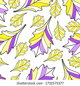 Bright striped yellow and purple leaves on a white background. Vector seamless pattern.  