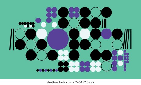 Design brilhante e estruturado usando círculos e pontos divertidos em roxo, azul-petróleo, preto e branco sobre verde-limão, formando uma grade abstrata moderna.