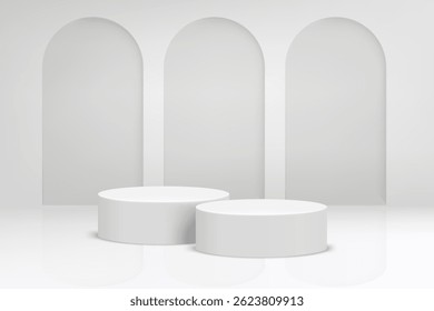 Estudio luminoso con arco y podio. Fondo de Vector 3D para diseño de producto