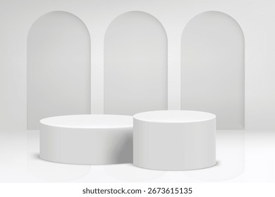 Estúdio brilhante com arco e pódio. Vetor de fundo 3d para design de produto