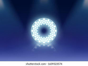 Bright studio lights in blue color with reflectors. Luminous bulbs in round frames, in descending order. Realistic design with reflection.