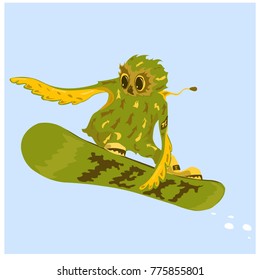 bright, in style military owl on snowboard rushes down the slope