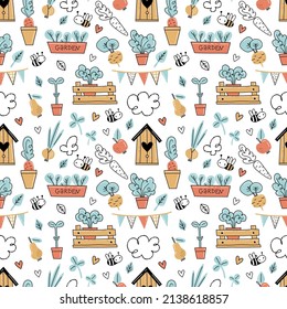 Un fondo luminoso y elegante con herramientas de jardín, plantas, verduras y frutas al estilo de las caricaturas. Patrón sin foco en el tema del jardín y la agricultura. Textura para textiles para niños y para el hogar, pastillas de envoltura