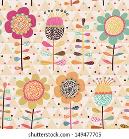 Bright stylish cartoon floral card in vector. Seamless pattern can be used for wallpapers, pattern fills, web page backgrounds,surface textures. Gorgeous seamless floral background