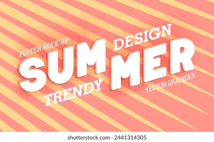 Bright stylish and contemporary summer billboard. Geometric abstract composition of contrasting rays and 3D lettering. Y2K brutalism. Vector mock-up