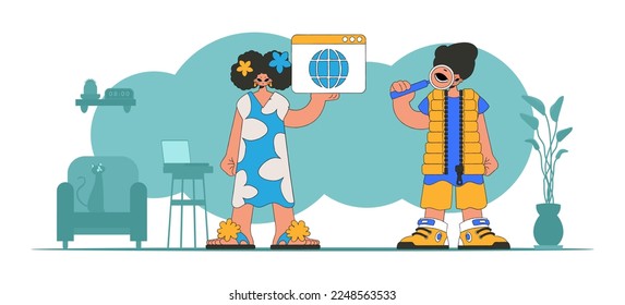 A bright and stylish illustration of a girl and a guy help to find information on the Internet. Marketing materials. Perfect for adding a modern and tech touch to your project.