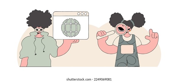 A bright and stylish illustration of a girl and a guy help to find information on the Internet. Bright trend character.