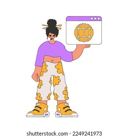 A bright and stylish illustration of a girl holding a browser window in her hands. Bright trend character.