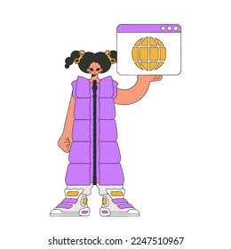 A bright and stylish illustration of a girl using a web browser. Bright trend character.