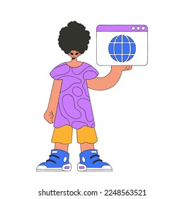 A bright and stylish illustration of a man using a web browser. Bright trend character.
