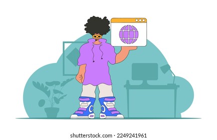 Una ilustración brillante y elegante de un hombre usando un navegador web. Material para contenido educativo. Ideal para añadir un toque moderno y tecnológico a tu proyecto.