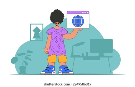 A bright and stylish illustration of a man using a web browser. Marketing materials. Perfect for adding a modern and tech touch to your project.