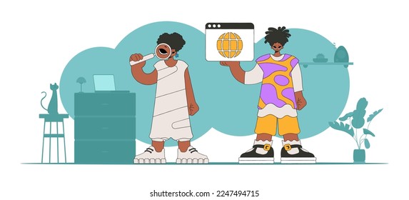 A bright and stylish illustration of a man and a woman help to find information on the Internet. Marketing materials. Perfect for adding a modern and tech touch to your project.