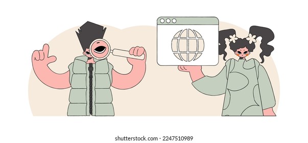 A bright and stylish illustration of a man and a woman looking for information. Material for educational content. Perfect for adding a modern and tech touch to your project.