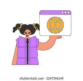 A bright and stylish illustration of a woman holding a browser window in her hands. Material for educational content.