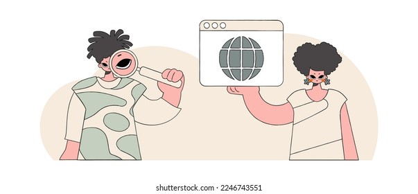 A bright and stylish illustration of a woman and a man help to find information on the Internet. Marketing materials. Perfect for adding a modern and tech touch to your project.