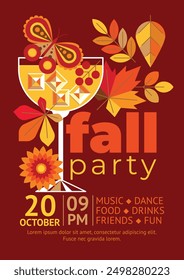 Bright stylish modern fall foliage party poster with cocktail glass, leaves, flower and butterfly. Colorful catchy cool party flyer template with autumn symbols