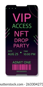 Bright stylish neon ticket VIP access NFT party with date and barcode with gradient accent. Use design template for NFT exhibitions, blockchain events, tech festivals and exclusive premium events