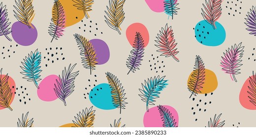 Patrón luminoso y elegante con hojas y ramas. Hojas exóticas, patrones coloridos y hermosos para la decoración, impresión, almohadas, papel pintado, cuadernos.