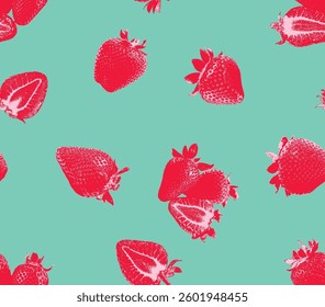 A bright and stylish seamless pattern featuring illustrations of ripe strawberries on a fresh mint-green background. The vibrant fruits, designed in a graphic retro style.