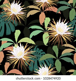 Bright  stylish seamless vector background and night  blooming cereus flowers dark background  Beautiful trendy hand  drawn pattern for fabric wallpaper 