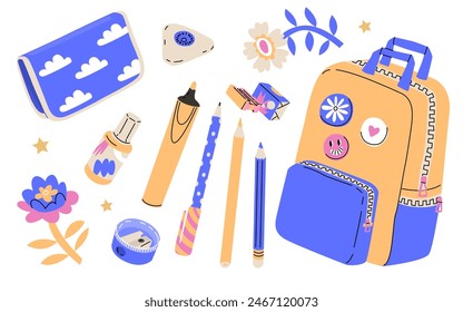 A bright and stylish set for a schoolchild: a backpack with badges, a pencil case with a cloud print, colorful accessories and chewing gum. Vector illustration isolated on transparent background