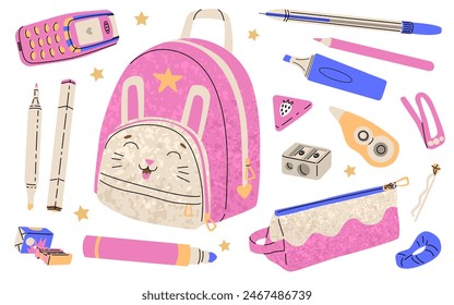 A bright and stylish set for a schoolchild: a backpack with a funny hare, a pencil case with glitter, colorful accessories, a phone and chewing gum. Vector illustration isolated