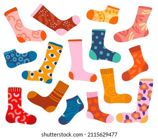 Bright stylish socks. Trendy designs clothing elements. Stockings with fancy abstract patterns. Colorful cotton products. Fashion casual wear. Legs underwear. Vector foot