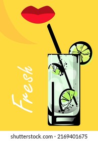 bright stylish summer poster with the image of a cold drink with ice and lime slices on the background of stylized red lips and the inscription "fresh". For postcards, stamps, design, etc.