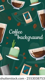 Bright and stylish vector background for stories with a coffee theme. Includes images of coffee drinks, beans and packaging on a rich green background. Ideal for promoting a cafe or barista services.