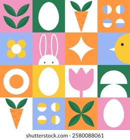 Bright and stylish vector pattern on the Easter theme with minimalistic elements: cute rabbits, Easter eggs and abstract geometric shapes. The design is made in a  flat style for use in printing.
