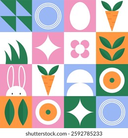 Bright and stylish vector pattern on the Easter theme with minimalistic elements: cute rabbits, Easter eggs and abstract geometric shapes. The design is made in a modern flat style .