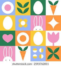 Bright and stylish vector pattern on the Easter theme with minimalistic elements: cute rabbits, Easter eggs and abstract geometric shapes. The design is made in a modern flat style.