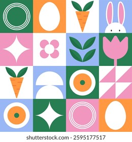 Bright and stylish vector pattern on the Easter theme with minimalistic elements: cute rabbits, Easter eggs and abstract geometric shapes. The design is made in a modern flat style .