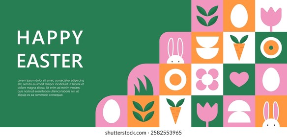 Bright and stylish vector poster on the theme of Happy Easter with minimalistic elements: cute rabbits, Easter eggs and abstract geometric shapes. The design is made in a modern flat style.
