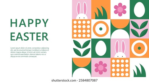 Bright and stylish vector poster on the theme of Happy Easter with minimalistic elements: cute rabbits, Easter eggs and abstract geometric shapes. The design is made in a modern flat style.