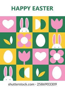 Bright and stylish vector poster on the theme of Happy Easter with minimalistic elements: cute rabbits, Easter eggs and abstract geometric shapes. The design is made in a modern flat style.