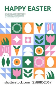 Bright and stylish vector poster on the theme of Happy Easter with minimalistic elements: cute rabbits, Easter eggs and abstract geometric shapes. The design is made in a modern flat style.