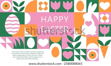 Bright and stylish vector poster on the theme of Happy Easter with minimalistic elements: cute rabbits, Easter eggs and abstract geometric shapes. The design is made in a modern flat style. 