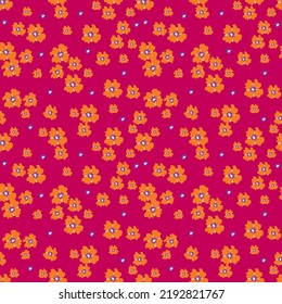 Bright, stylish vector seamless pattern with scattered flowers. Beautiful, floral background  for wallpapers, fabric, textile, cloth, tiles, covers, packaging. Pink, orange, blue color. Doodle style 