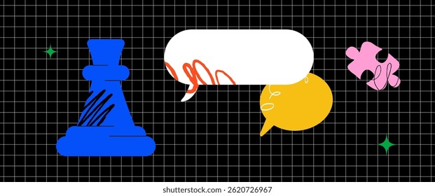 A bright stylized banner with a chess rook, speech bubbles and a piece of a puzzle next to it. A metaphor for finding solutions and strategic thinking.