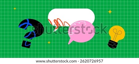 A bright stylized banner with a question mark, speech bubbles and a light bulb next to them. A layout for an announcement, educational project, presentation, or website.