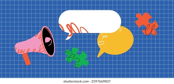 A bright stylized banner with a speaker and empty speech bubbles next to it. A layout for an announcement, social media notification, presentation, or website.