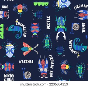 escarabajos con polilla de camaleón estilizados brillantes sobre un fondo azul. patrón de papel de embalaje, textiles, afiche