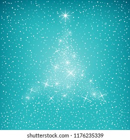 Bright Stylized Christmas Tree of Lights on Green Background , Snow Falls from the Sky, Merry Christmas and Happy New Year , Vector Illustration