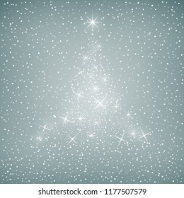 Bright Stylized Christmas Tree of Lights on Gray Background , Snow Falls from the Sky, Merry Christmas and Happy New Year , Vector Illustration